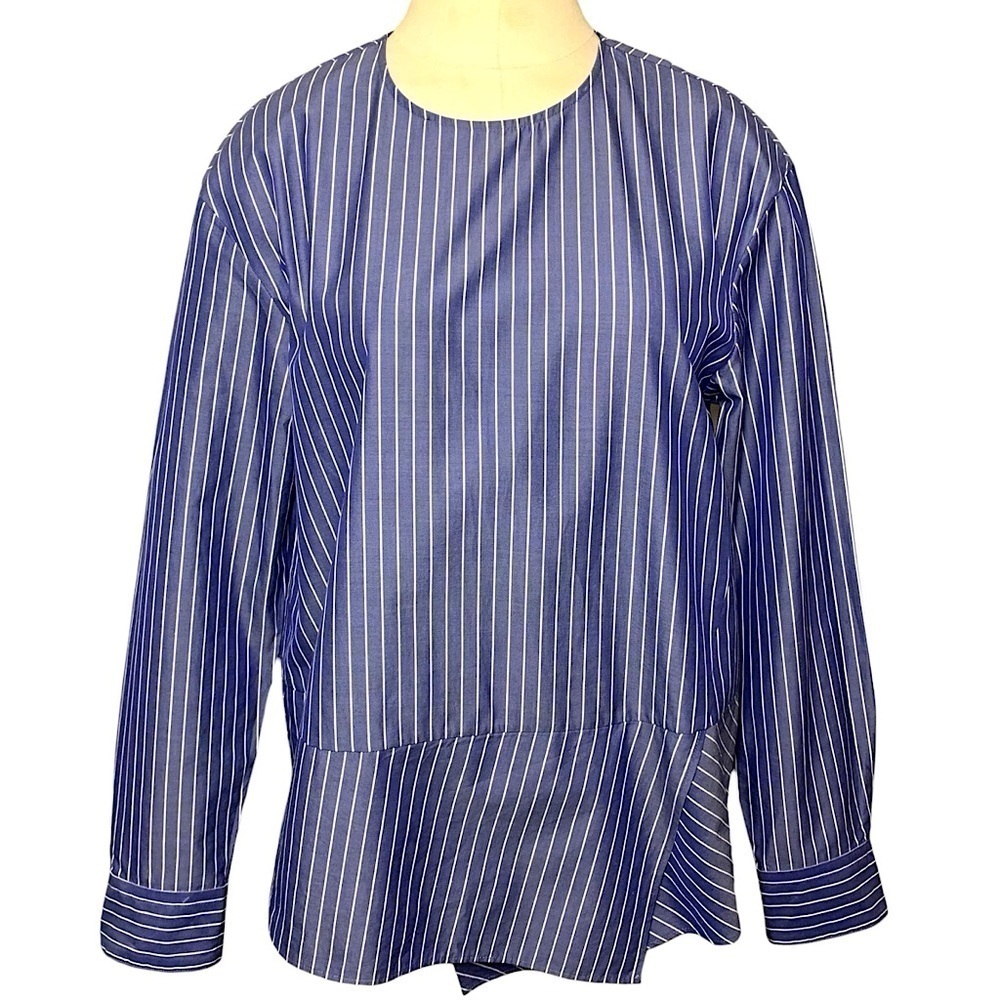TomorrowLand Blouse Sz 38 Blue White Lines Long Sleeve Classic Made in Japan